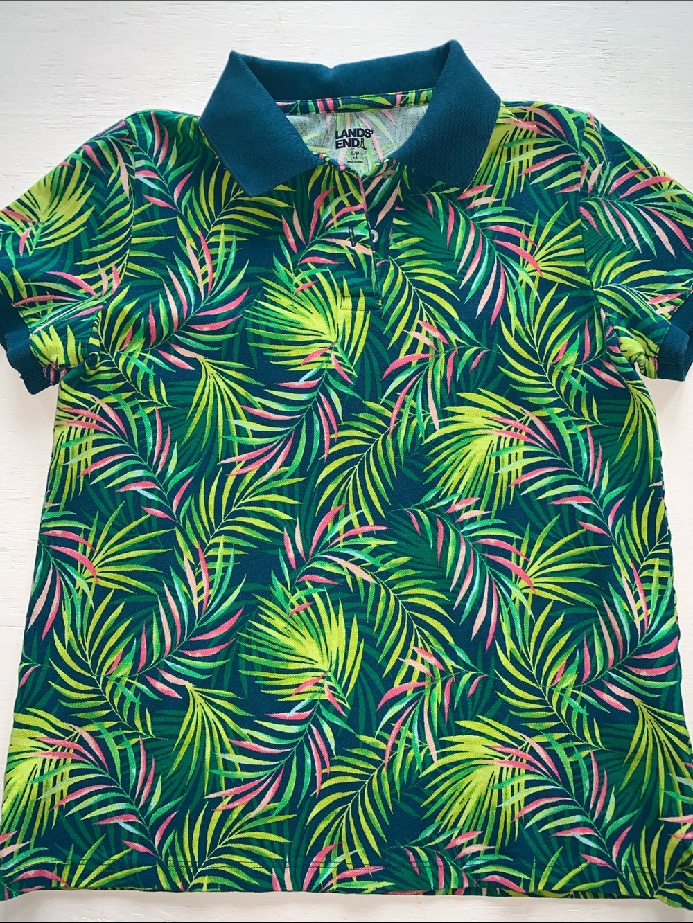 Lands' End Mesh Cotton Baltic Teal Multi Palm Polo size Small